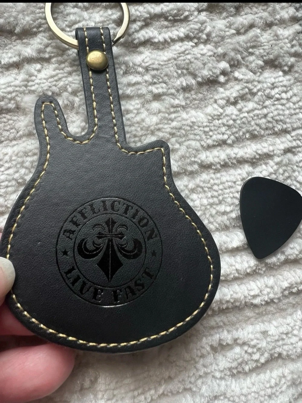 Affliction Brown Leather Strap Key Fob with Black Guitar-Shaped Keyring